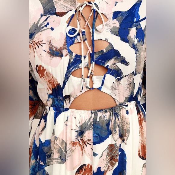 Lulu's Loveliest Of All White Blue Floral Lace Up Maxi Dress Size Small - Picture 9 of 13